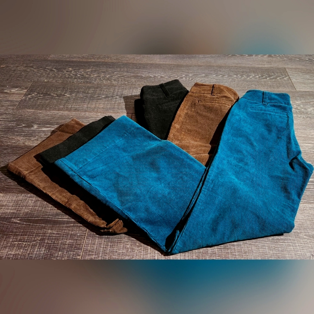 MODA INTERNATIONAL MARISSA FIT CORDUROY PANTS-TURQ, CHOCO BRN, BLK. SIZE 4 LONG